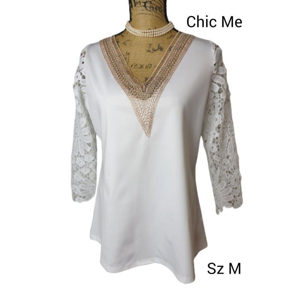 Women's Blouse V-neck Crochet Sleeves Gold Crochet V Detail Dressy Top M NWOT